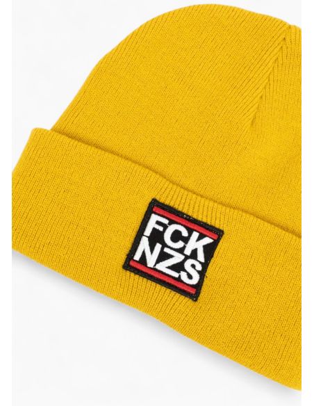 true-rebel-beanie-fck-nzs-heather-mustard-detail